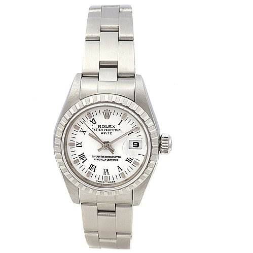 This image shows a full frontal view of a Rolex Date 79240 Women's Stainless Steel White Dial 79240 Women's Stainless Steel White Dial model watch, displaying the dial, bezel, and bracelet.