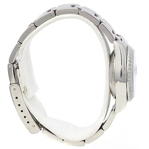 The image shows a side view of a Rolex Date 79240 Women's Stainless Steel White Dial 79240 Women's Stainless Steel White Dial model watch, highlighting the watch case and bracelet.