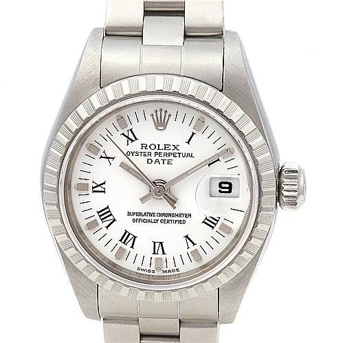 This image shows the face, bezel, crown, and upper part of the bracelet of a Rolex Date 79240 Women's Stainless Steel White Dial 79240 Women's Stainless Steel White Dial model watch.