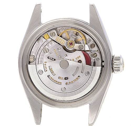This image shows the internal mechanism of a Rolex Date 79240 Women's Stainless Steel White Dial 79240 Women's Stainless Steel White Dial model watch, viewed from the back without the caseback attached.
