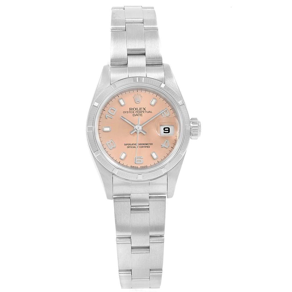 The image shows a Rolex Date 69190 Women's Stainless Steel Pink Dial 69190 Women's Stainless Steel Pink Dial watch from a front angle, displaying the face, bezel, bracelet, and date window.