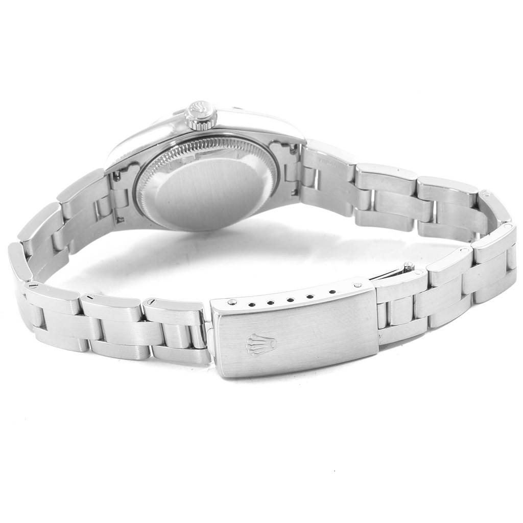 The image shows the back view of the Rolex Date 69190 Women's Stainless Steel Pink Dial 69190 Women's Stainless Steel Pink Dial model watch, highlighting the case back, crown, and stainless steel bracelet with a clasp.