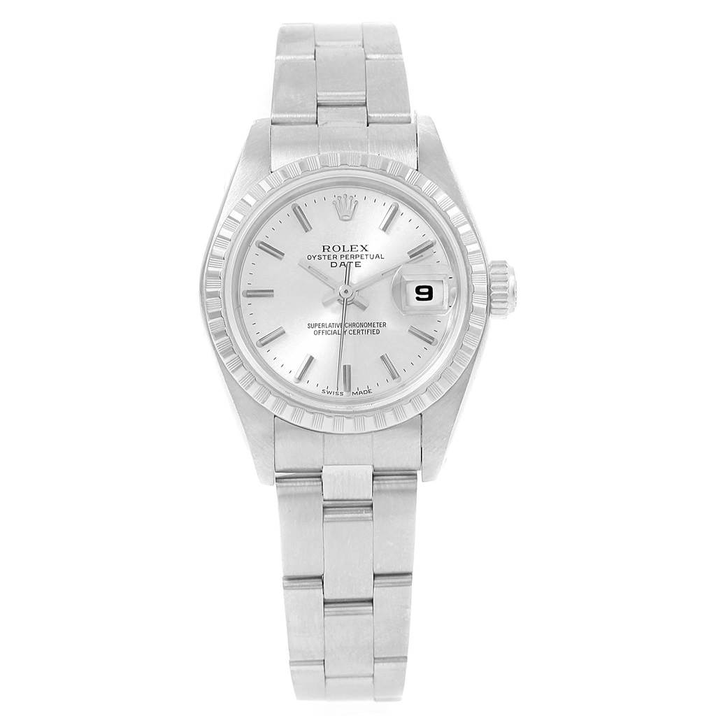 This image shows a front view of a Rolex Date 79240 Women's Stainless Steel Silver Dial 79240 Women's Stainless Steel Silver Dial model watch, highlighting its dial, case, and bracelet.