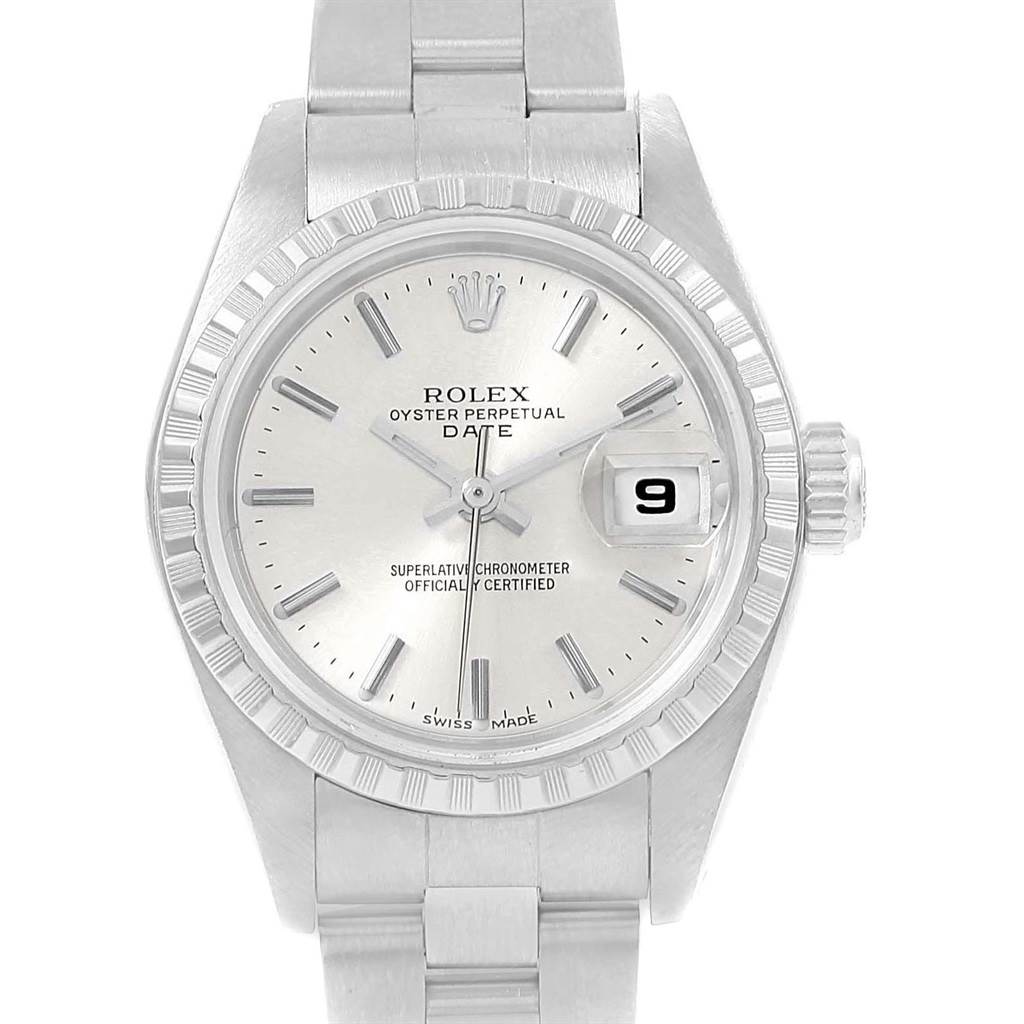 This image shows a front view of a Rolex Date 79240 Women's Stainless Steel Silver Dial 79240 Women's Stainless Steel Silver Dial model watch, highlighting the dial, date window, bezel, and part of the bracelet.