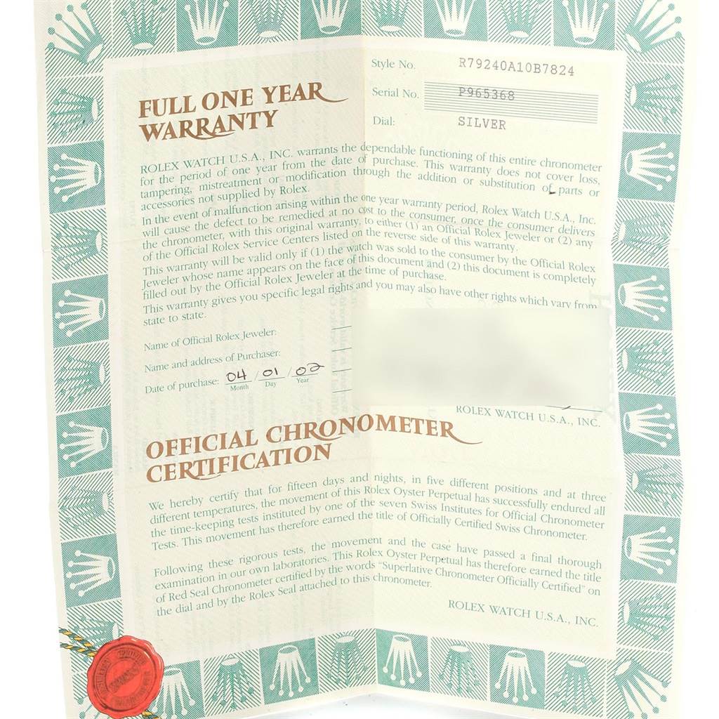 The image shows a warranty and chronometer certification document for a Rolex Date 79240 Women's Stainless Steel Silver Dial 79240 Women's Stainless Steel Silver Dial model watch.