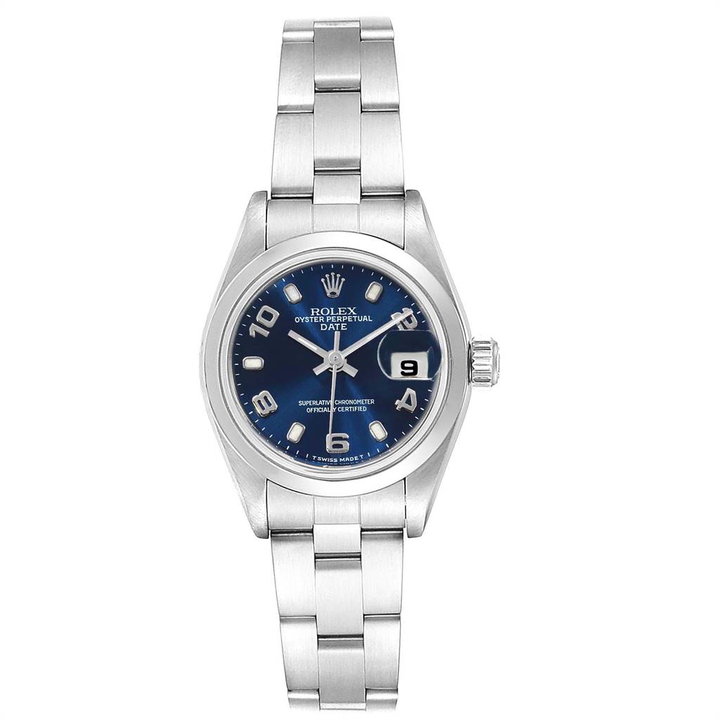 This image shows a frontal view of a Rolex Date 79160 Women's Stainless Steel Blue Dial 79160 Women's Stainless Steel Blue Dial model watch, highlighting the dial, case, and bracelet.