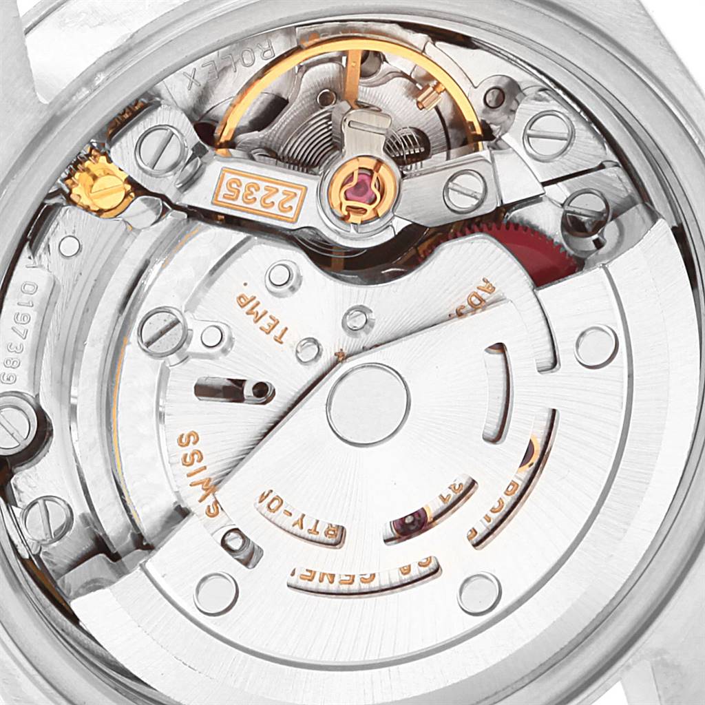 This is a close-up view of the movement mechanism inside the Rolex Date 79160 Women's Stainless Steel Blue Dial 79160 Women's Stainless Steel Blue Dial model watch.