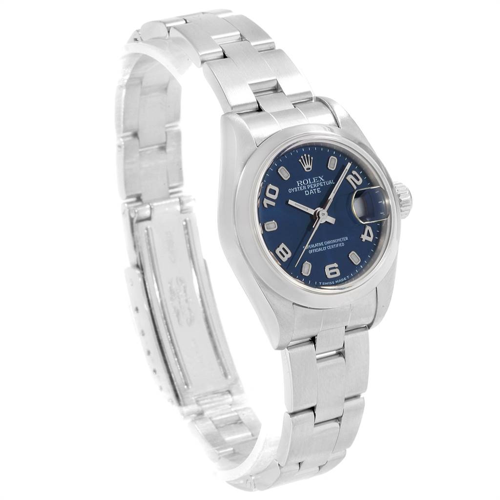 This image shows a side angle of a Rolex Date 79160 Women's Stainless Steel Blue Dial 79160 Women's Stainless Steel Blue Dial model watch, featuring its blue dial, metal bracelet, and clasp.
