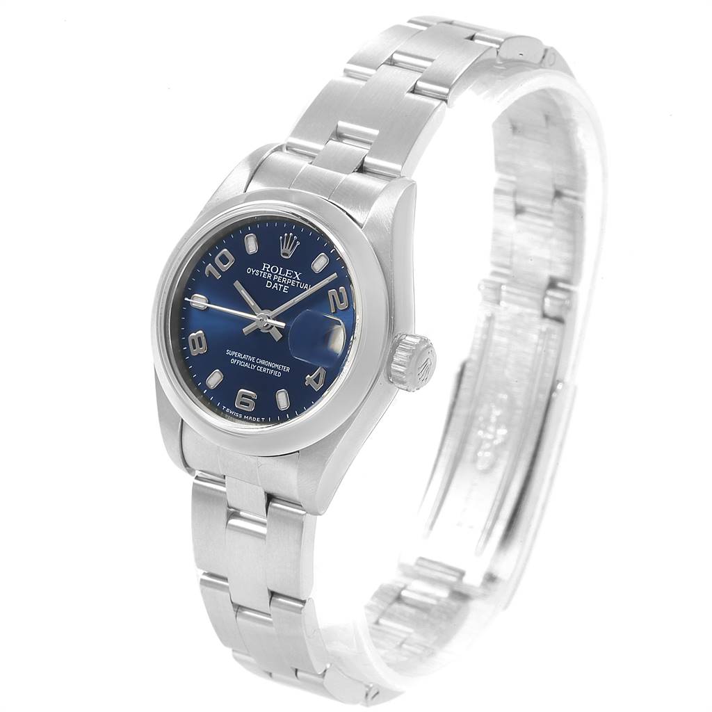 The image shows a Rolex Date 79160 Women's Stainless Steel Blue Dial 79160 Women's Stainless Steel Blue Dial model watch from an angled top view, displaying the face, crown, and bracelet.