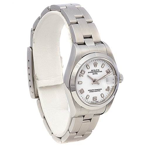This Rolex Date 79160 Women's Stainless Steel White Dial 79160 Women's Stainless Steel White Dial model watch is shown at a slight angle revealing the face, band, and crown.
