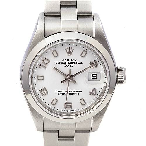 The image shows a frontal view of a Rolex Date 79160 Women's Stainless Steel White Dial 79160 Women's Stainless Steel White Dial model watch, highlighting the dial, hands, crown, and part of the bracelet.