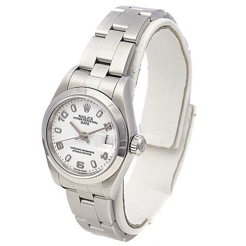 This image shows a Rolex Date 79160 Women's Stainless Steel White Dial 79160 Women's Stainless Steel White Dial model watch at a three-quarter angle, highlighting the dial, bezel, crown, and bracelet.