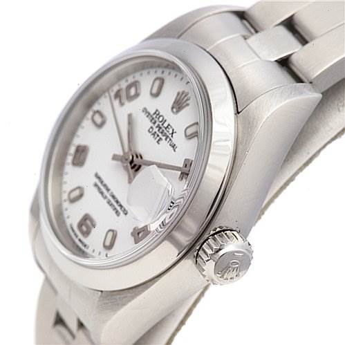 The image shows a side view of a Rolex Date 79160 Women's Stainless Steel White Dial 79160 Women's Stainless Steel White Dial watch, highlighting the dial, crown, and a portion of the bracelet.