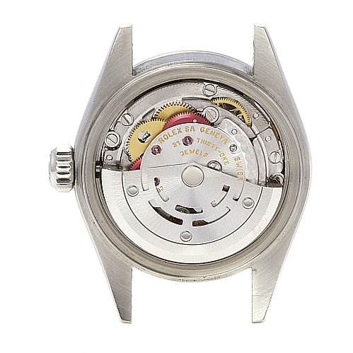 The image shows the back side of a Rolex Date 79160 Women's Stainless Steel White Dial 79160 Women's Stainless Steel White Dial model, revealing the inner mechanical components.