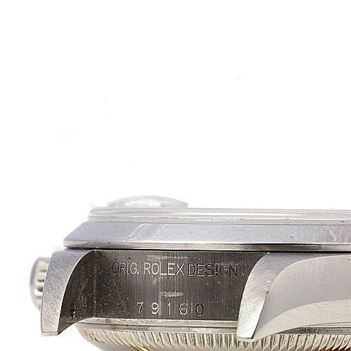 The image shows a close-up side view of the Rolex Date 79160 Women's Stainless Steel White Dial 79160 Women's Stainless Steel White Dial watch, highlighting the case and design engraving.