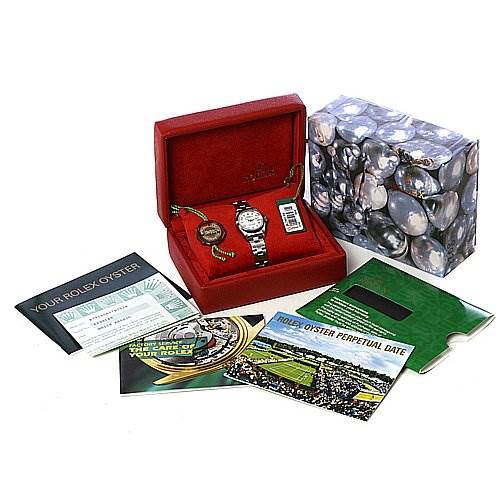This image shows a Rolex Date 79160 Women's Stainless Steel White Dial 79160 Women's Stainless Steel White Dial model watch in its red box, along with its outer packaging, manuals, and warranty card.