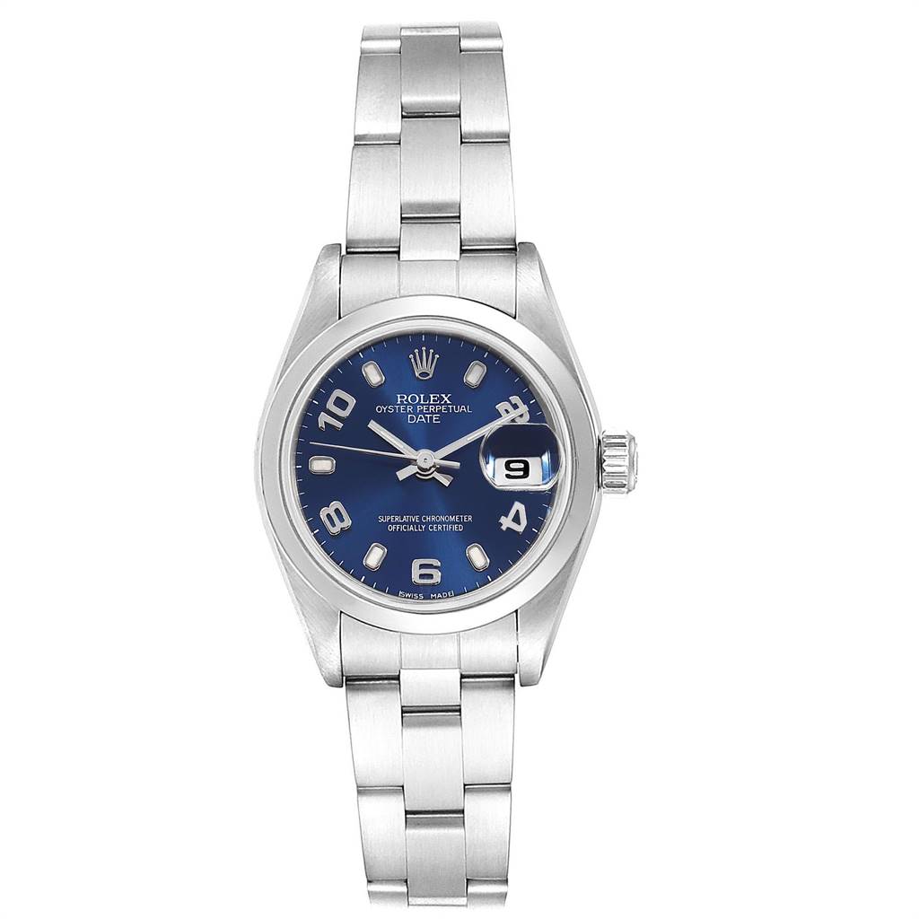 The image shows a front view of the Rolex Date 79160 Women
s Stainless Steel Blue Dial 79160 Women
s Stainless Steel Blue Dial model watch, highlighting the dial, bracelet, and date window.