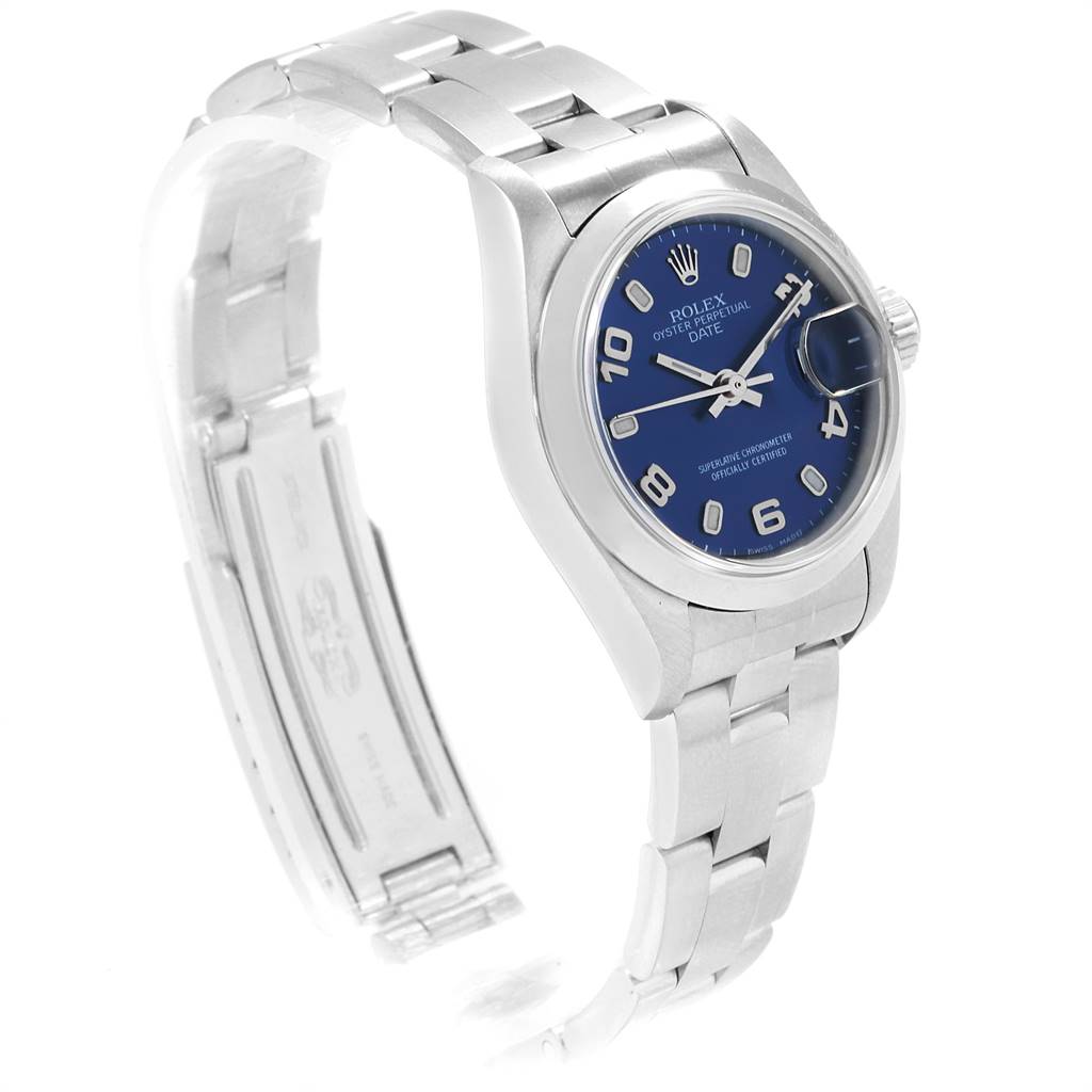 The image shows a Rolex Date 79160 Women
s Stainless Steel Blue Dial 79160 Women
s Stainless Steel Blue Dial model watch at a side angle, highlighting the face, bracelet, and clasp.