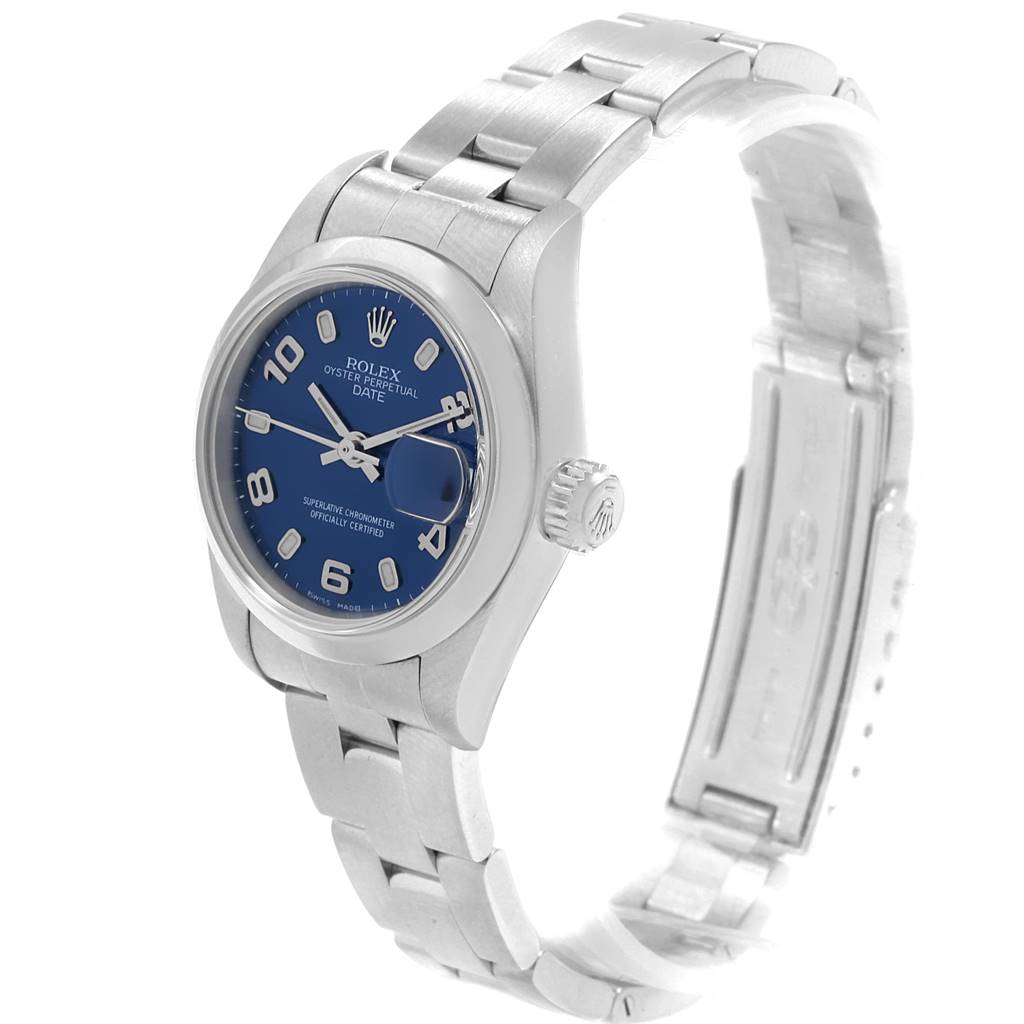 This image shows a Rolex Date 79160 Women
s Stainless Steel Blue Dial 79160 Women
s Stainless Steel Blue Dial model watch at an angle emphasizing the face with a blue dial and a stainless steel bracelet.