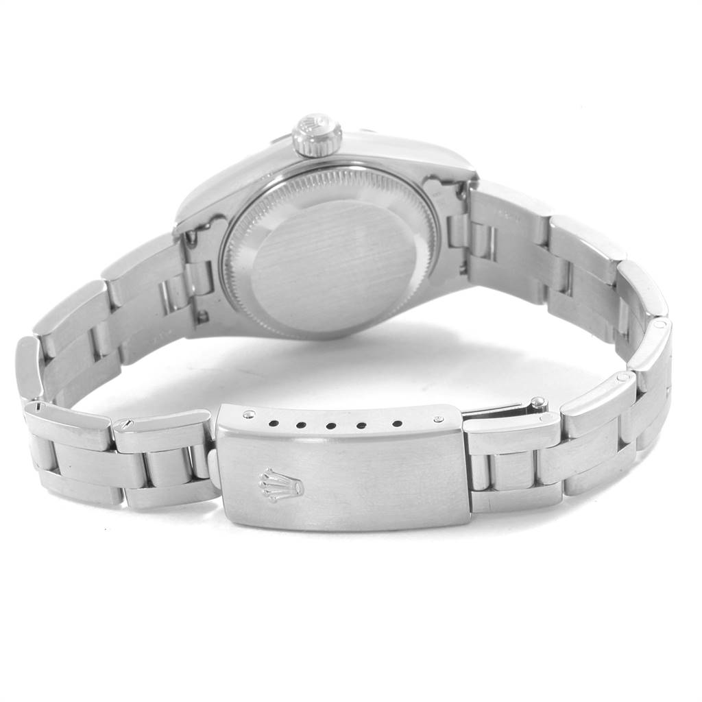 The image shows the back view of a Rolex Date 79160 Women
s Stainless Steel Blue Dial 79160 Women
s Stainless Steel Blue Dial model, displaying the case back and the bracelet with its clasp.