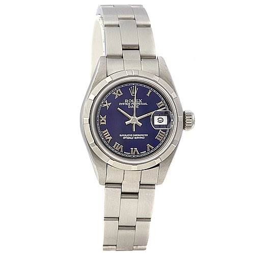 The image shows a front view of the Rolex Date 69190 Women's Stainless Steel Blue Dial 69190 Women's Stainless Steel Blue Dial model watch, displaying its blue dial, Roman numerals, date window, and metal bracelet.