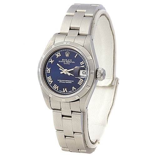 This Rolex Date 69190 Women's Stainless Steel Blue Dial 69190 Women's Stainless Steel Blue Dial model watch is shown at a slight angle from the front, displaying the face, bezel, and bracelet.