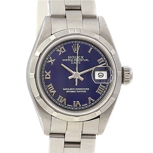 This image shows a front view of a Rolex Date 69190 Women's Stainless Steel Blue Dial 69190 Women's Stainless Steel Blue Dial model, highlighting the dial, bezel, crown, and part of the bracelet.
