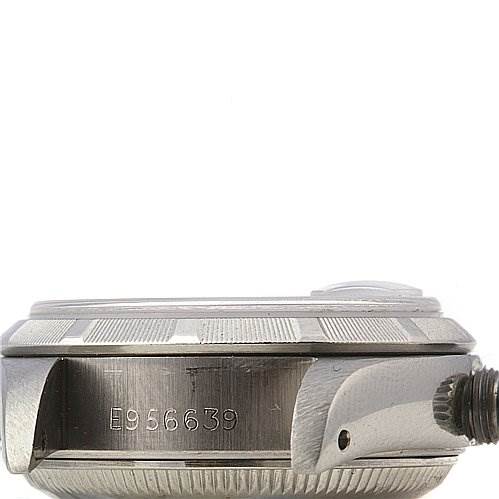 This image shows a side view of a Rolex Date 69190 Women's Stainless Steel Blue Dial 69190 Women's Stainless Steel Blue Dial model watch case, highlighting the serial number and crown.