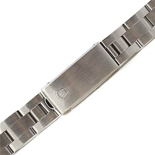 The image shows the clasp and part of the bracelet of a Rolex Date 69190 Women's Stainless Steel Blue Dial 69190 Women's Stainless Steel Blue Dial model watch from a top-down angle.