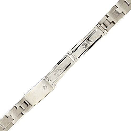 This image shows a close-up of the clasp and a segment of the bracelet for a Rolex Date 69190 Women's Stainless Steel Blue Dial 69190 Women's Stainless Steel Blue Dial model watch.