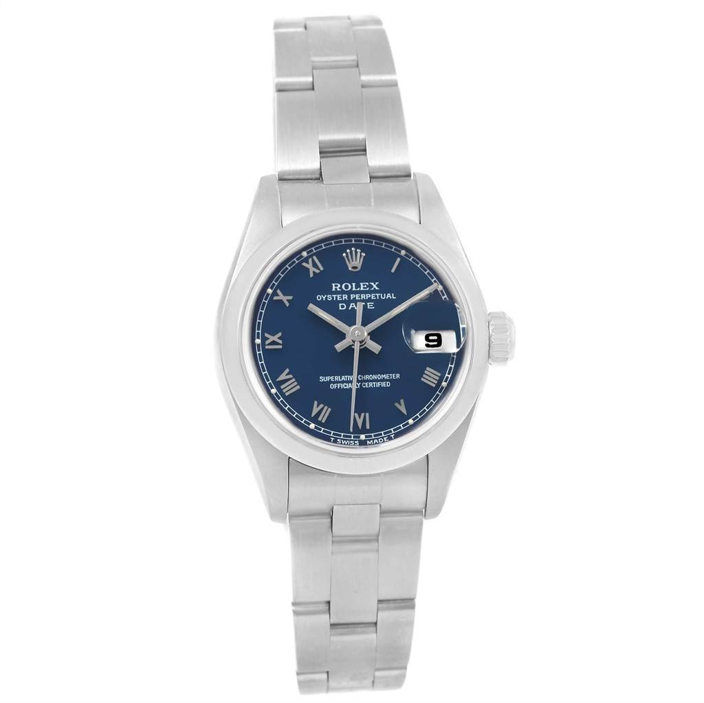 This image shows a frontal view of a Rolex Oyster Perpetual Date model watch, displaying its dial, bracelet, and date window.