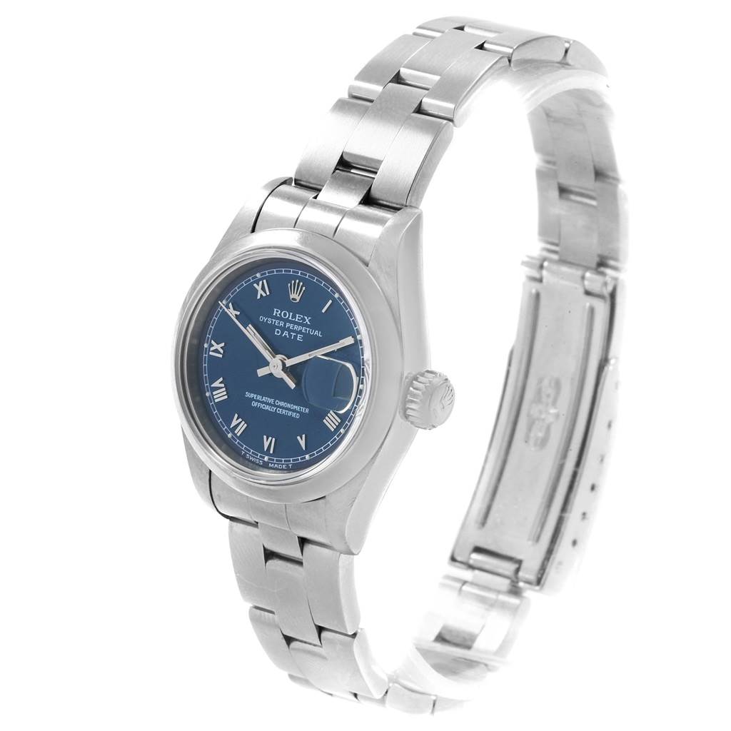 The image shows a Rolex Date 69160 Women's Stainless Steel Blue Dial 69160 Women's Stainless Steel Blue Dial, displaying the dial, case, crown, and full stainless steel bracelet, viewed from a three-quarter angle.