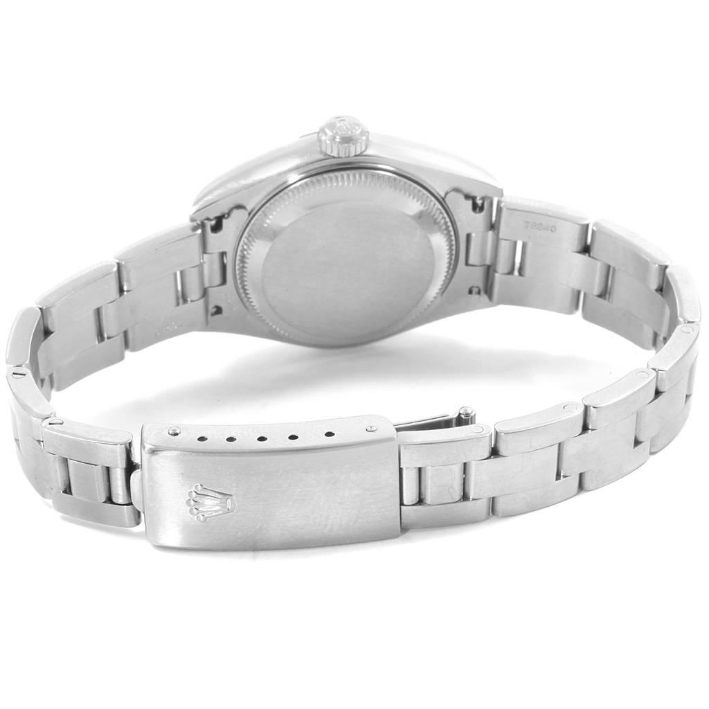 The image shows the back case and bracelet clasp of a Rolex Date 79160 Women's Stainless Steel Pink Dial 79160 Women's Stainless Steel Pink Dial model watch from a rear angle.