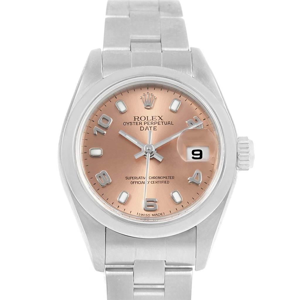 This image shows the front view of a Rolex Oyster Perpetual Date watch, highlighting its face, hands, date window, and part of its bracelet.