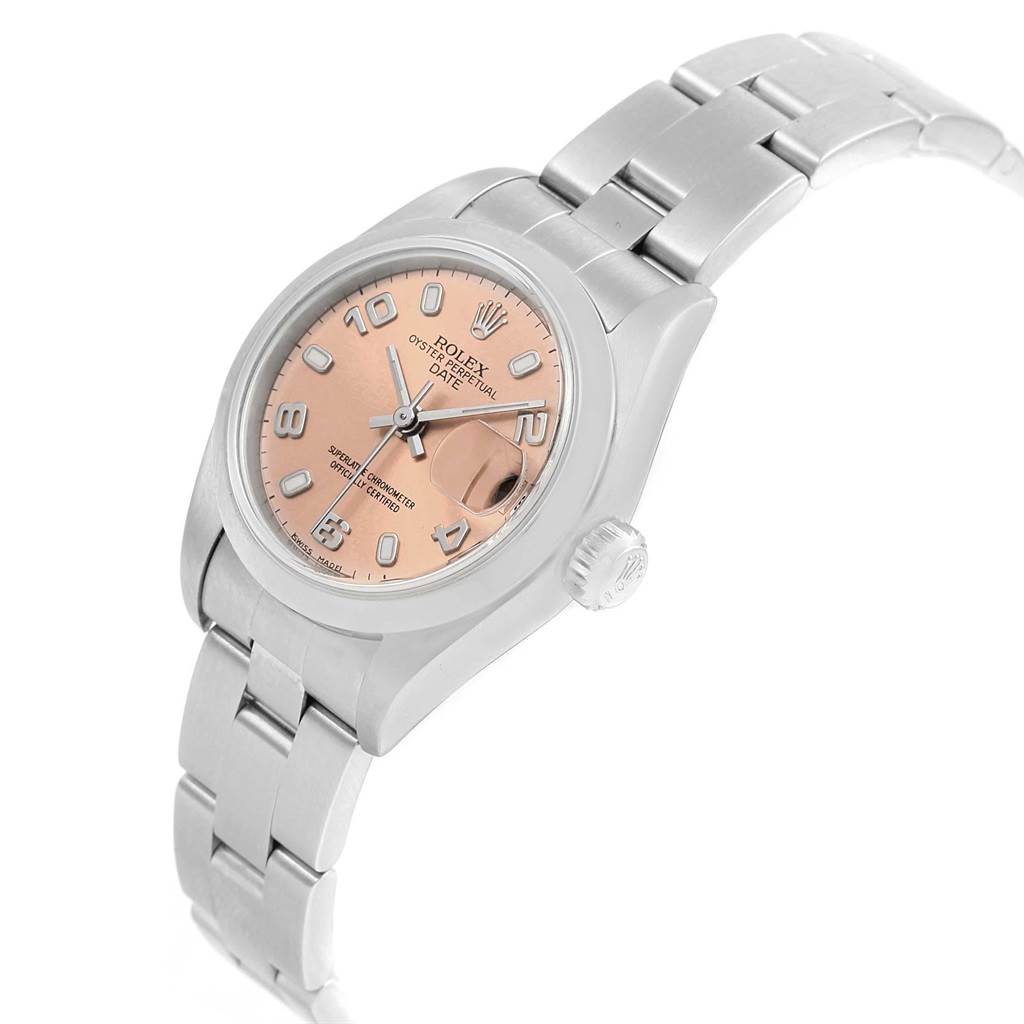 The image shows a Rolex Date 79160 Women's Stainless Steel Pink Dial 79160 Women's Stainless Steel Pink Dial model watch at a slight angle, displaying the face, crown, and part of the bracelet.