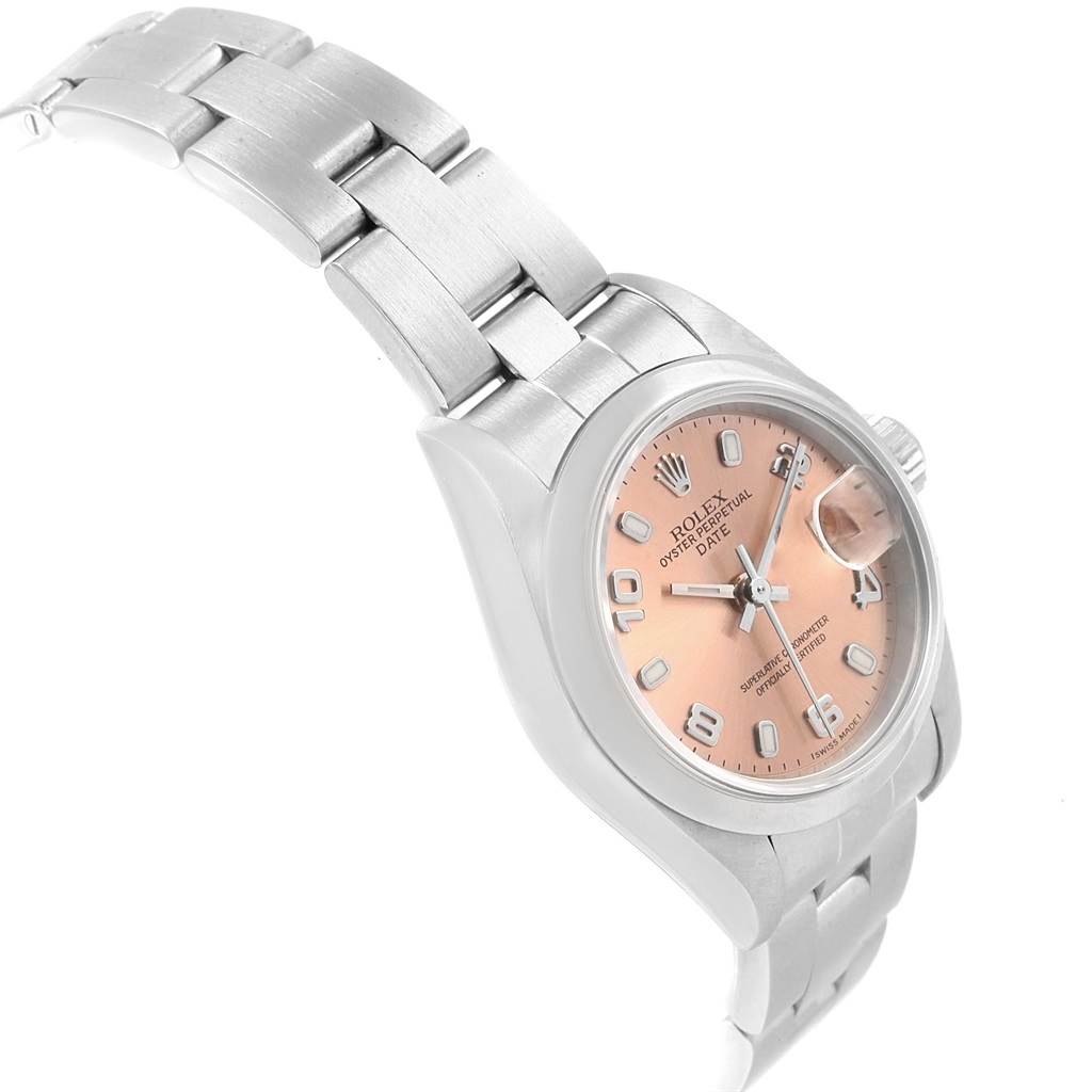 The image shows a Rolex Date 79160 Women's Stainless Steel Pink Dial 79160 Women's Stainless Steel Pink Dial model watch at an oblique angle, highlighting the dial, bezel, and bracelet.