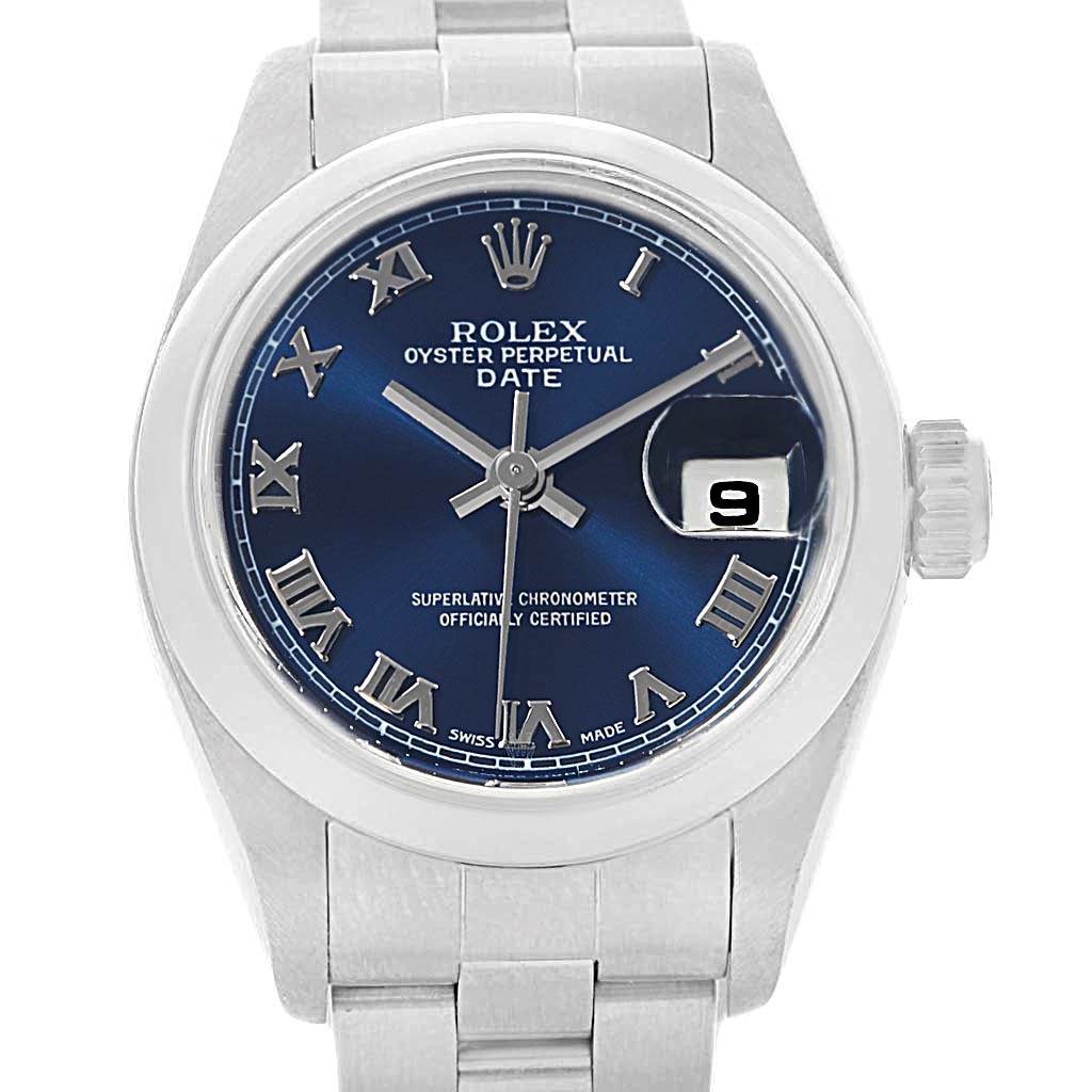 This image shows a frontal view of a Rolex Date 79160 Women's Stainless Steel Blue Dial 79160 Women's Stainless Steel Blue Dial model watch, highlighting its blue dial with Roman numerals and date display.