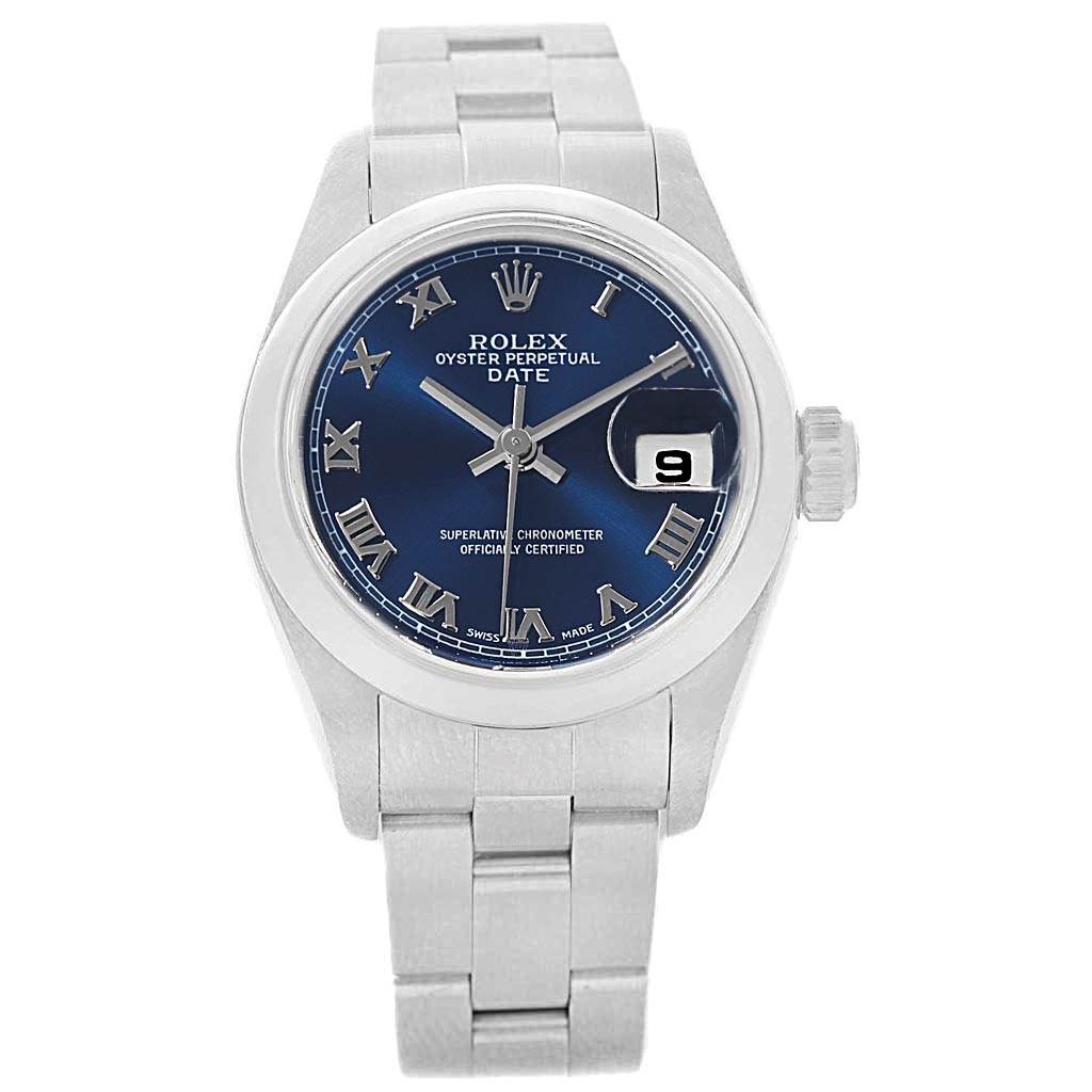 The image shows a front view of the Rolex Oyster Perpetual Date watch, featuring the dial, hands, case, and bracelet.