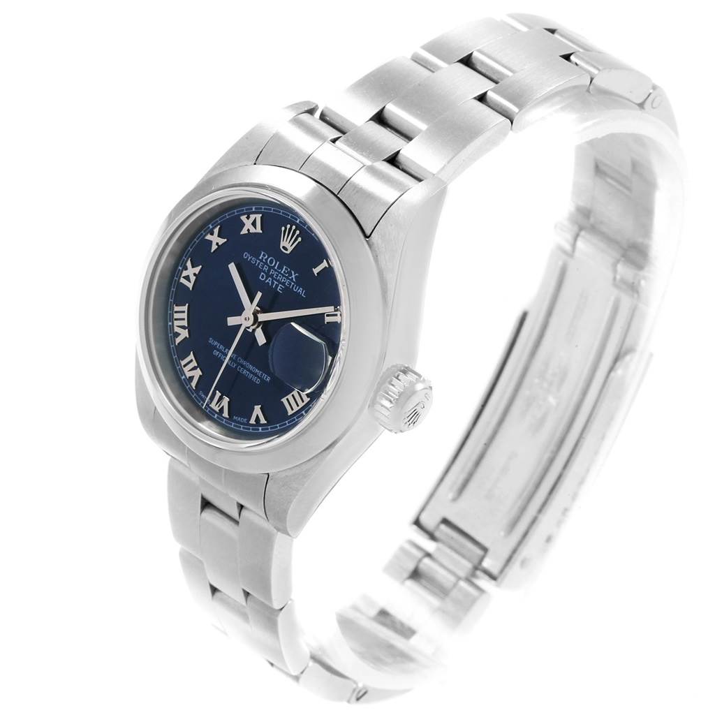 The image shows a Rolex Date 79160 Women's Stainless Steel Blue Dial 79160 Women's Stainless Steel Blue Dial model watch at a three-quarter angle, highlighting the face, bezel, and bracelet.