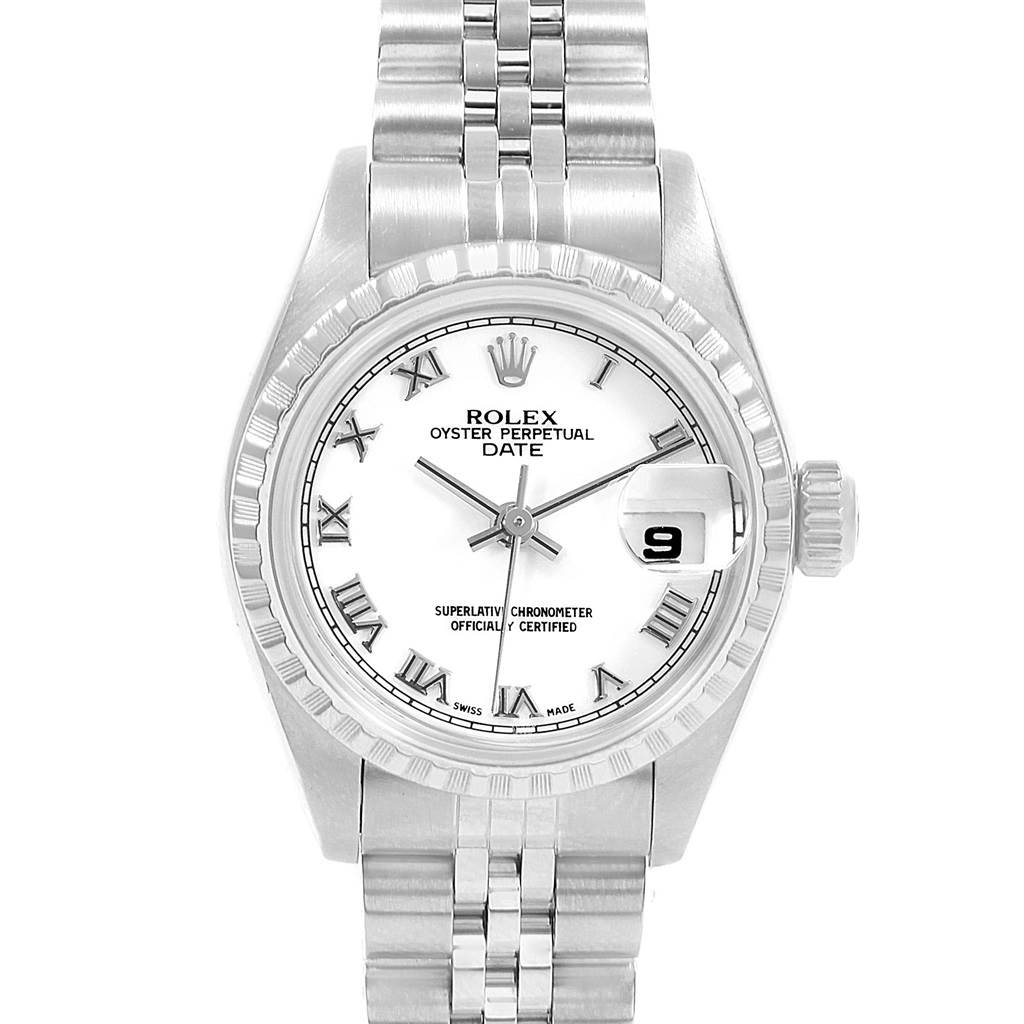 The image shows a front view of a Rolex Oyster Perpetual Date watch, displaying the dial, hands, date window, and bracelet.