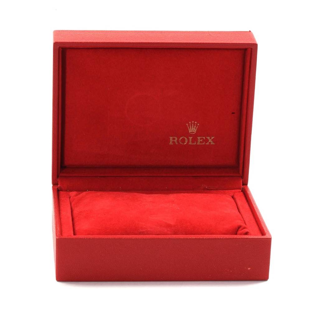 The image shows an open Rolex Date 79240 Women's Stainless Steel White Dial 79240 Women's Stainless Steel White Dial model watch box with a red interior and exterior viewed from the front.