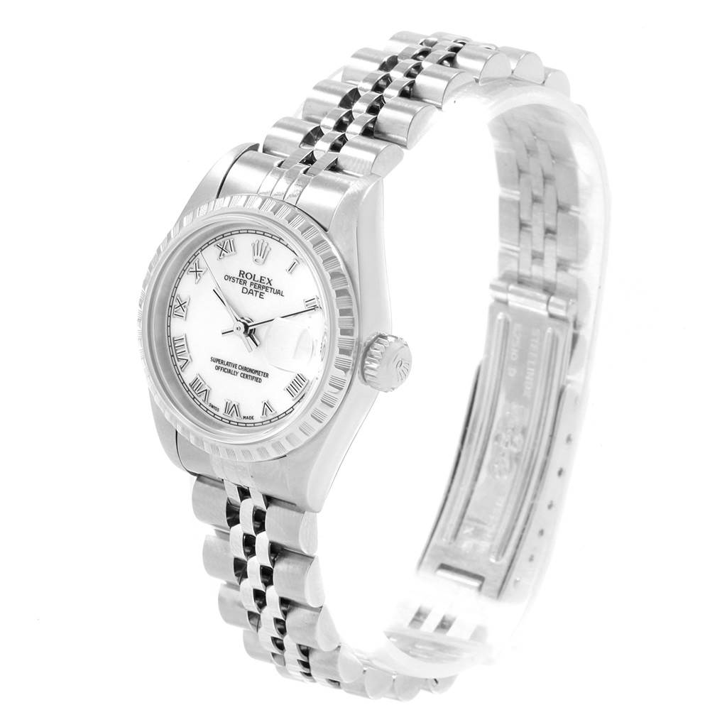 This image shows a Rolex Date 79240 Women's Stainless Steel White Dial 79240 Women's Stainless Steel White Dial model watch at a three-quarter angle, highlighting the bezel, dial, and bracelet.
