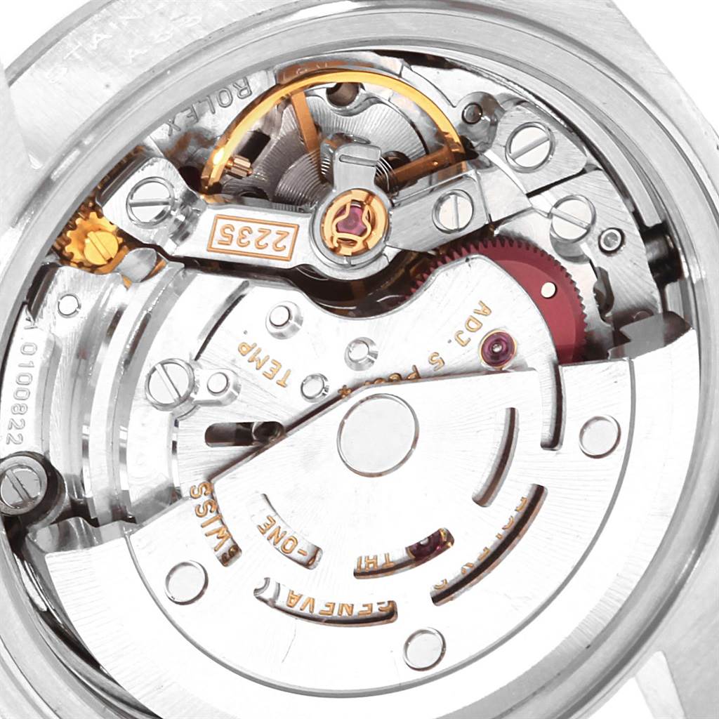 This image shows the inner mechanism of the Rolex Date 79240 Women's Stainless Steel White Dial 79240 Women's Stainless Steel White Dial model watch at a close-up angle, highlighting gears and movement components.