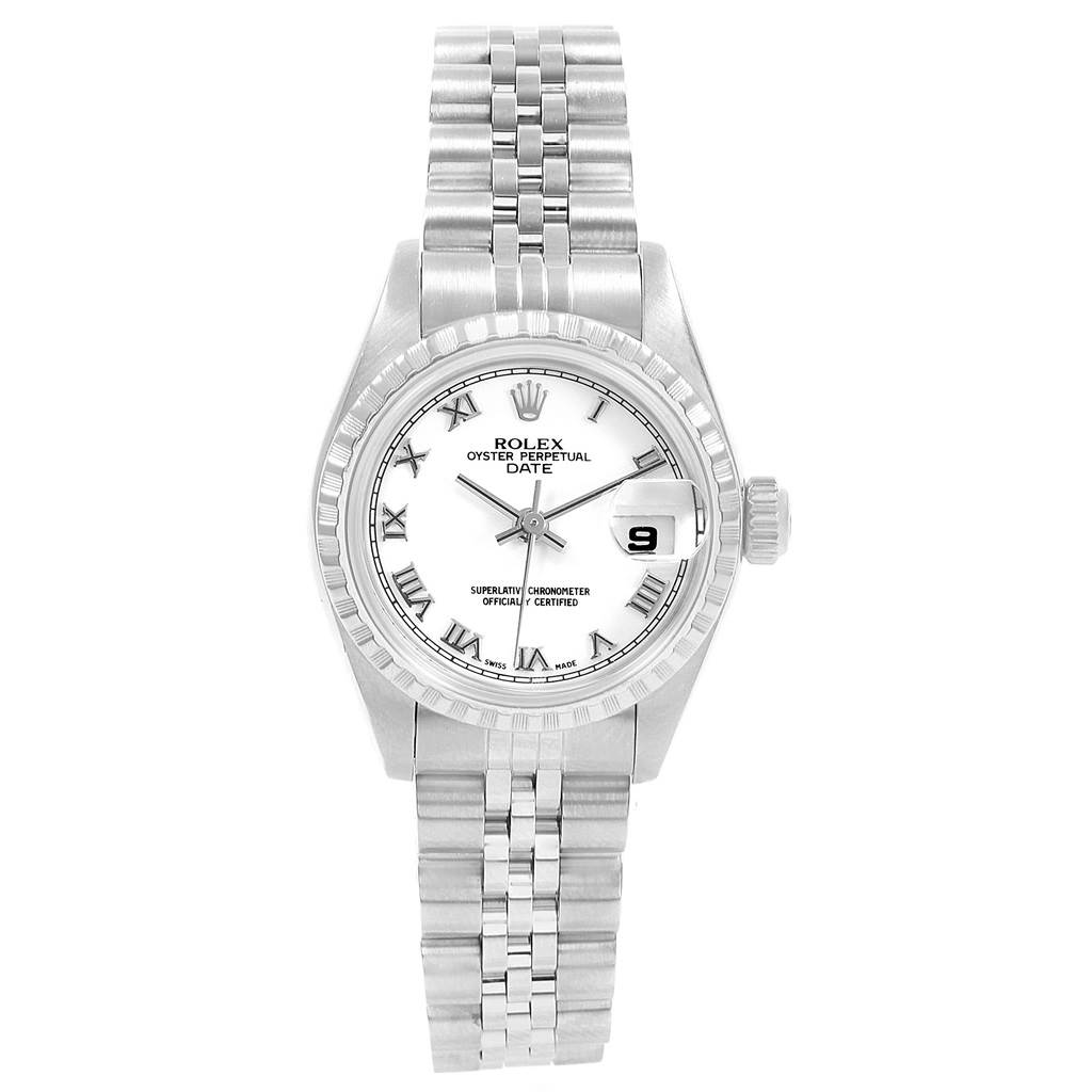 This image shows a frontal view of the Rolex Date 79240 Women's Stainless Steel White Dial 79240 Women's Stainless Steel White Dial model watch, displaying its dial, bezel, crown, and bracelet.
