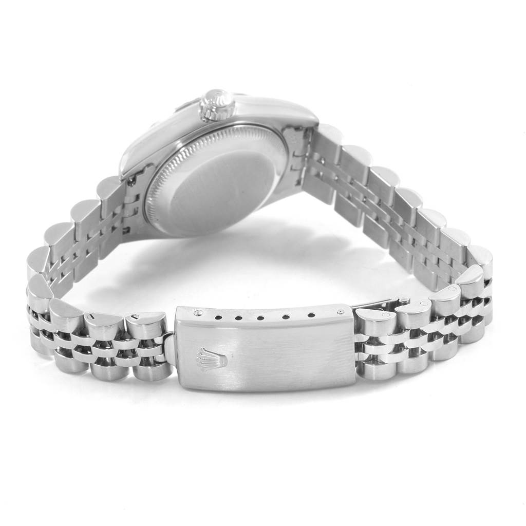 The image shows the Rolex Date 79240 Women's Stainless Steel White Dial 79240 Women's Stainless Steel White Dial model watch from the back, displaying its bracelet and clasp.