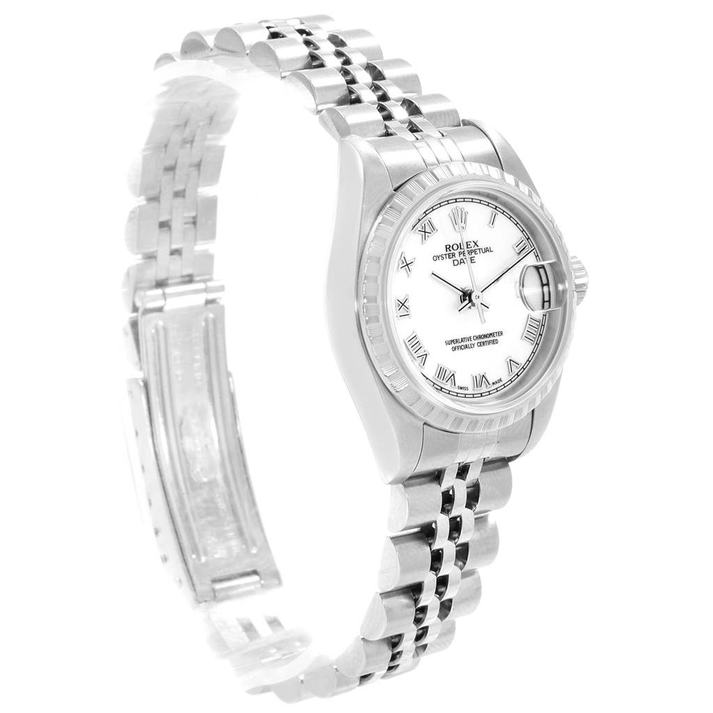 This image shows a Rolex Date 79240 Women's Stainless Steel White Dial 79240 Women's Stainless Steel White Dial model watch at a three-quarter angle, highlighting its face, bezel, and bracelet.