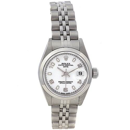 This image shows a front view of a Rolex Date 79160 Women's Stainless Steel White Dial 79160 Women's Stainless Steel White Dial model watch, highlighting its dial, bezel, bracelet, and date window.