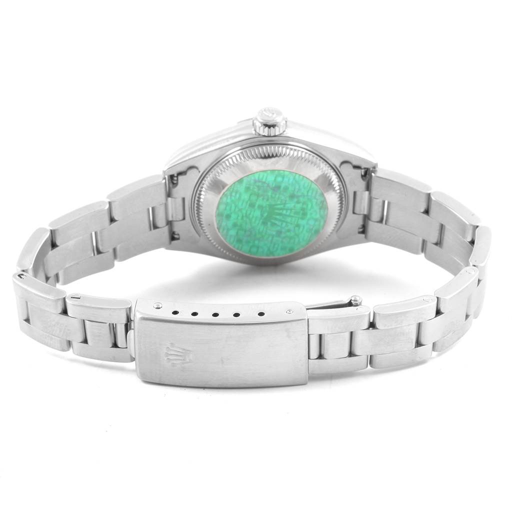 This image displays the back and clasp of a Rolex Date 79160 Women's Stainless Steel Silver Dial 79160 Women's Stainless Steel Silver Dial model watch, showing the case back and stainless steel bracelet.