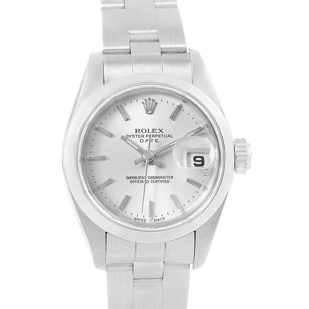 The image shows a Rolex Date 79160 Women's Stainless Steel Silver Dial 79160 Women's Stainless Steel Silver Dial model watch from a top view, displaying the dial, date window, and part of the bracelet.