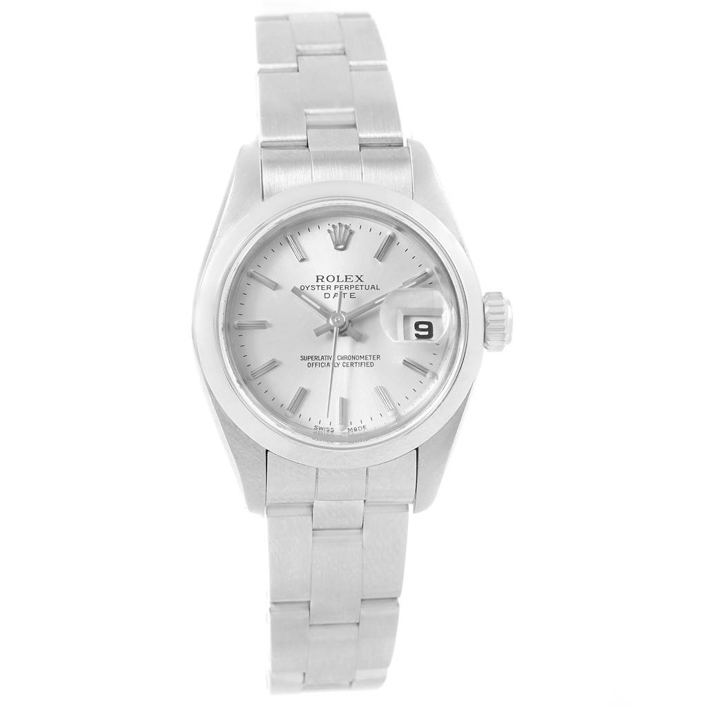 The Rolex Date 79160 Women's Stainless Steel Silver Dial 79160 Women's Stainless Steel Silver Dial model is shown from a top-down angle, displaying its face, bezel, bracelet, and crown.